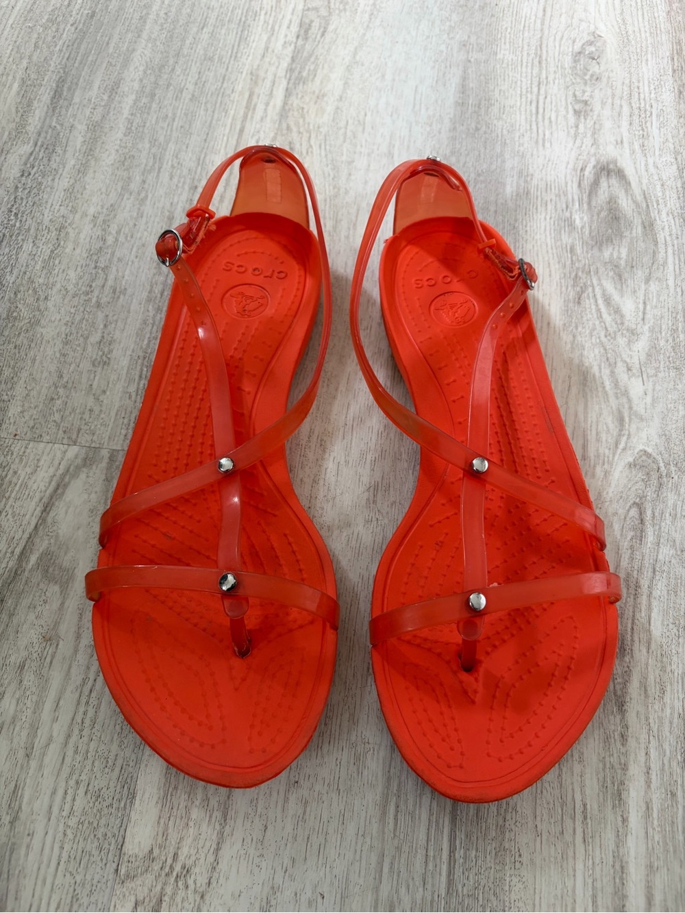 CROCS women’s 7 Bright Orange Jelly Strappy Minimalist thong Sandals - Picture 6 of 6